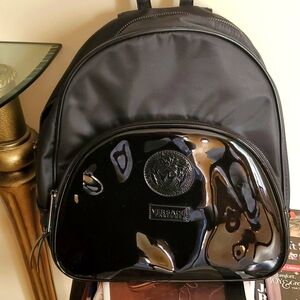 VERSACE PARFUMS Medusa Head Black Faux Patent Leather Nylon Backpack